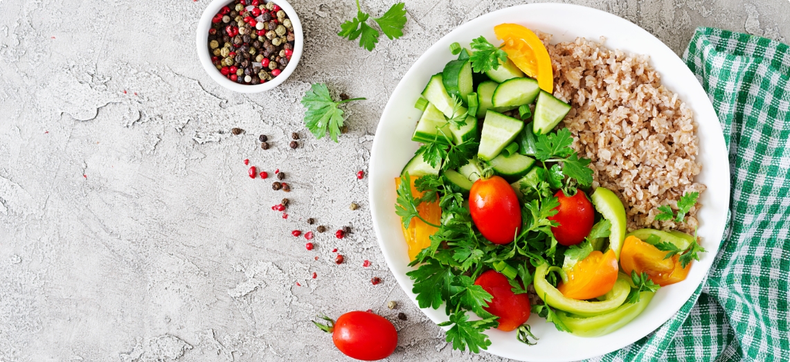 Diet Menu Healthy Vegetarian Salad Fresh Vegetables Tomatoes Cucumber Sweet Peppers Porridge Bowl Vegan Food Flat Lay Top View